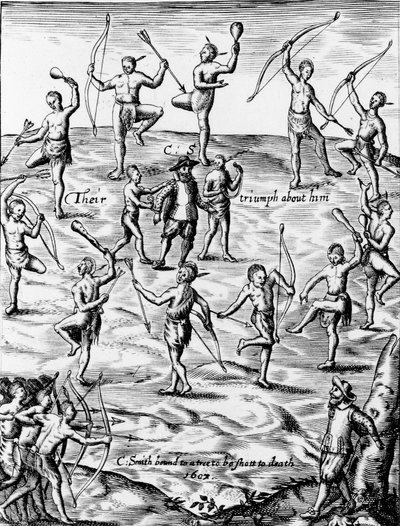 John Smith Being Taken Prisoner and Threatened with Death by the Native Americans of Virginia in 1607 (detail) by English School